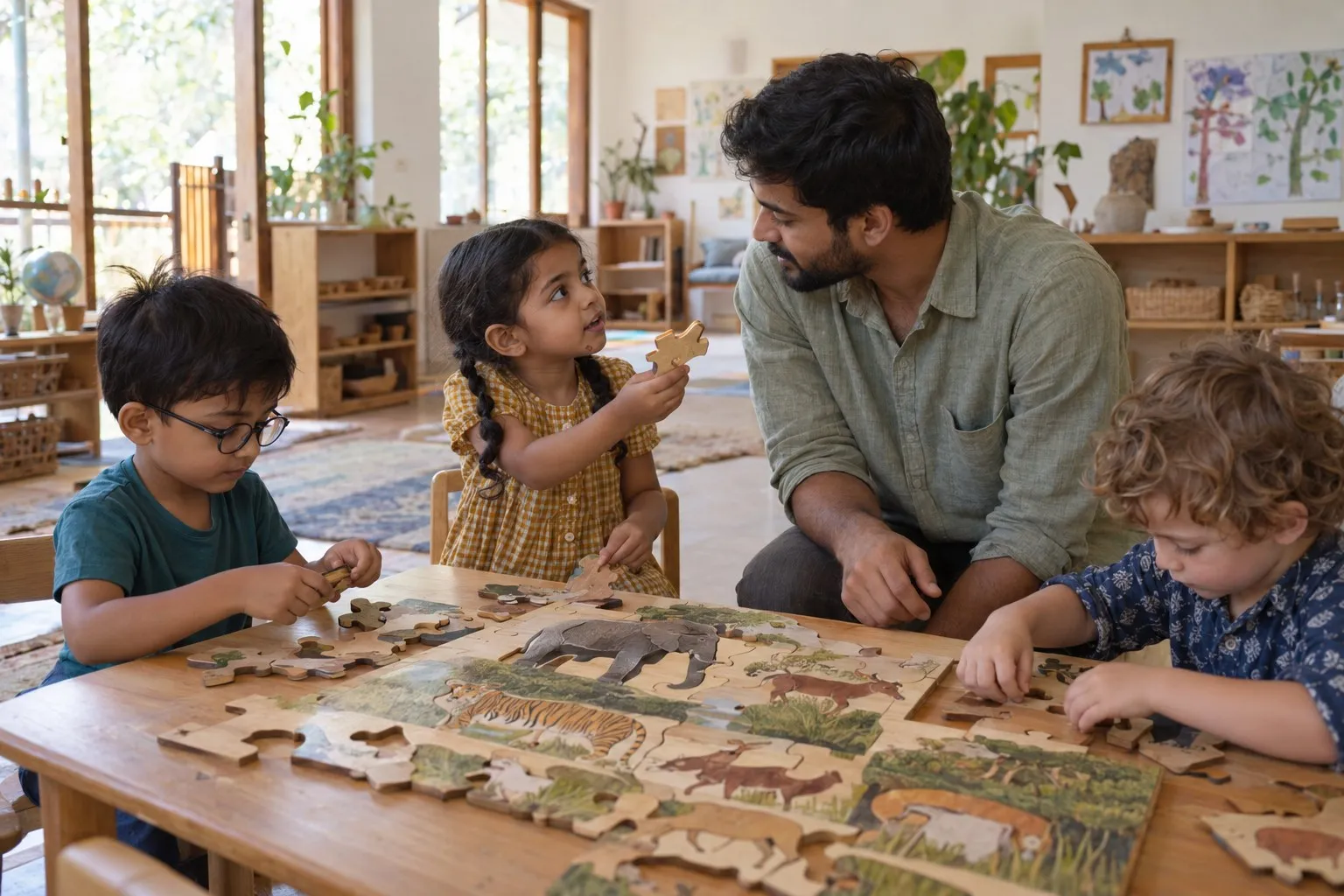 A girl holding up a puzzle piece to show an adult crouched beside the table, while two other children fit pieces of an animal jigsaw.